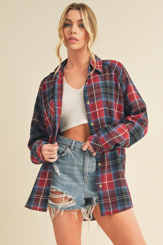 Aemi + Co Flannel Plaid Button Up Raglan Sleeve Shirt Deep Red OutfitFlow
