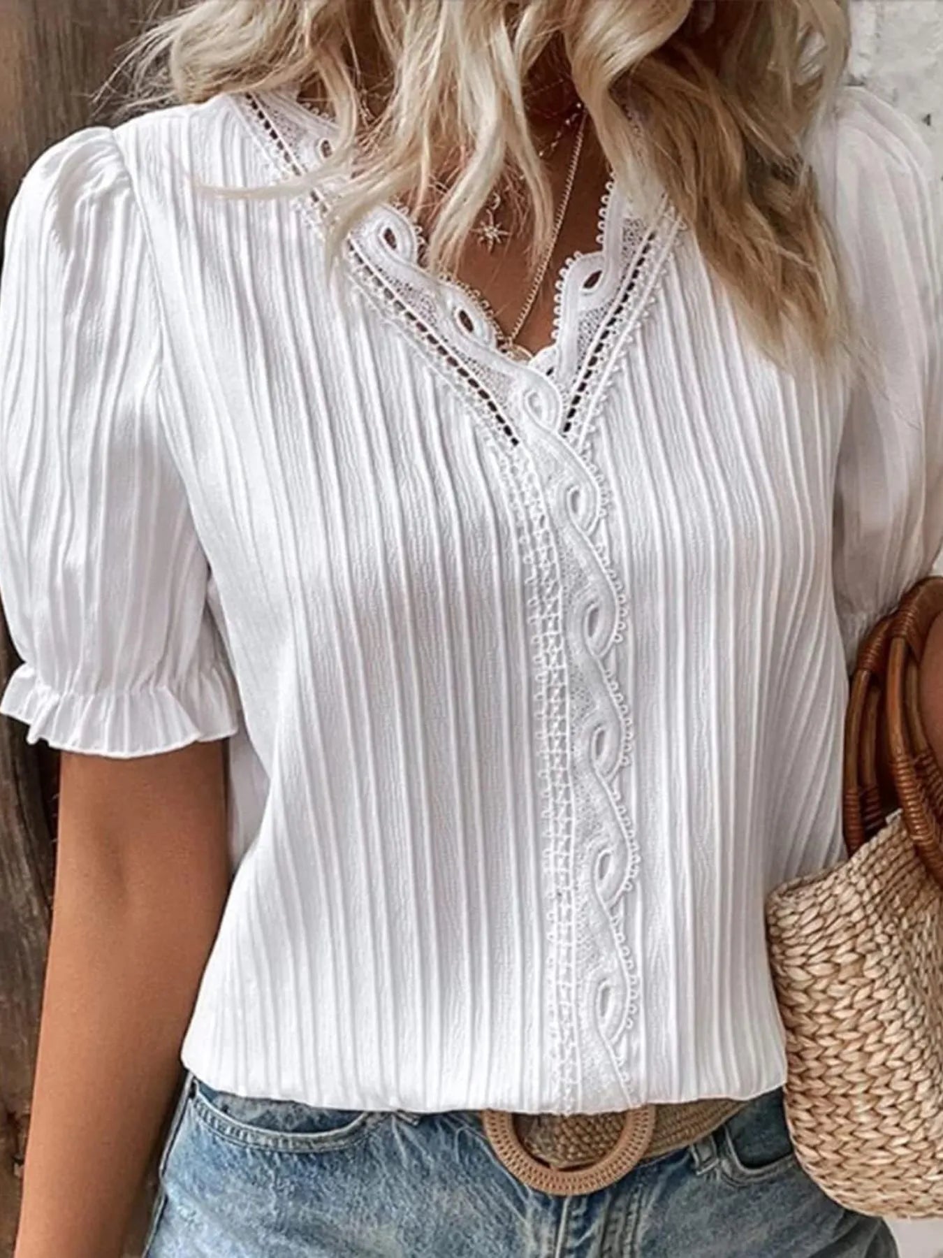 Full Size Lace Detail V-Neck Blouse Plus Size OutfitFlow
