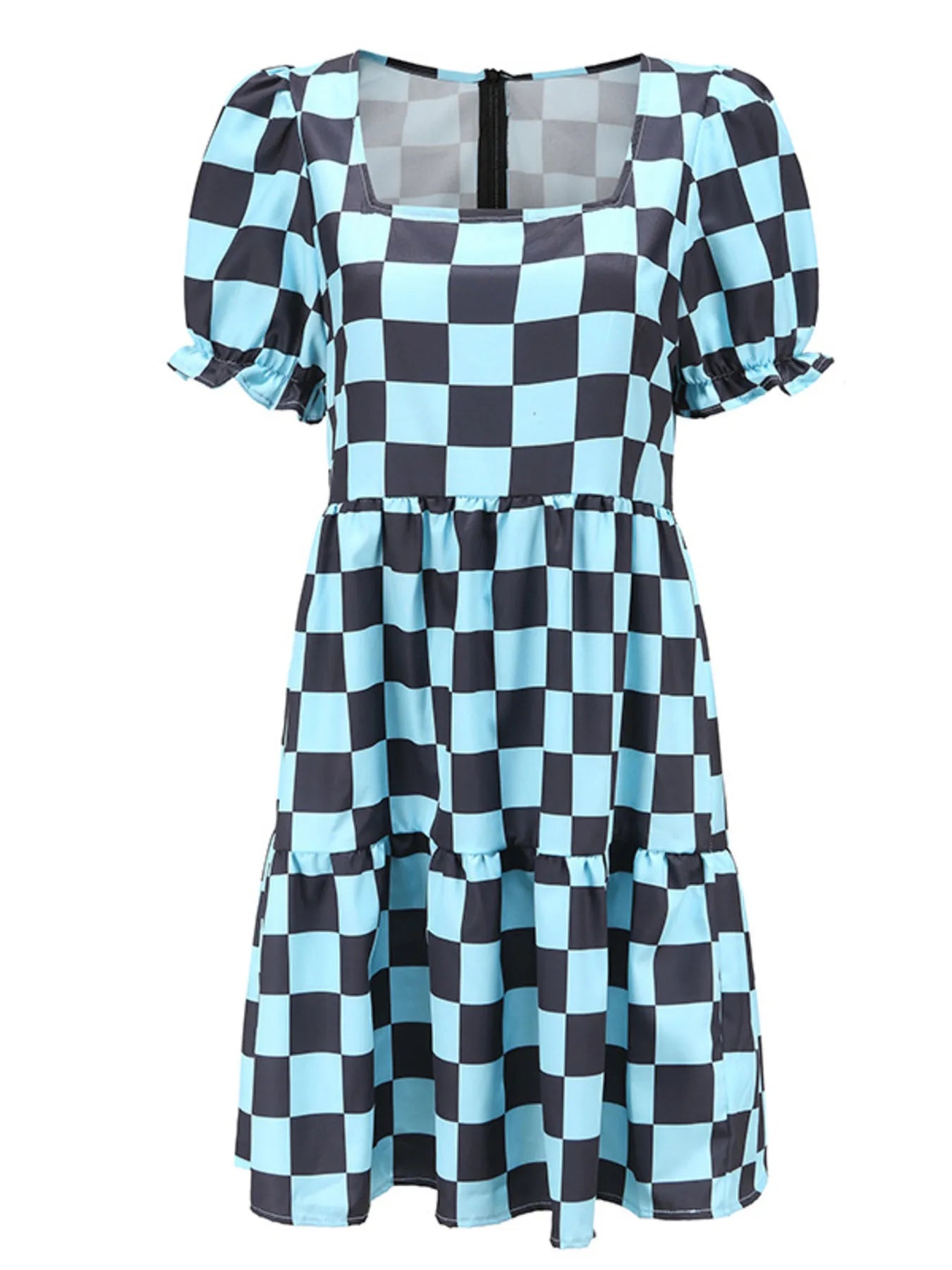 Checkered Short Sleeve Tiered Mini Dress Sky Blue OutfitFlow
