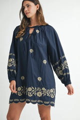 MABLE Embroidered Long Sleeve Peasant Mini Dress OutfitFlow