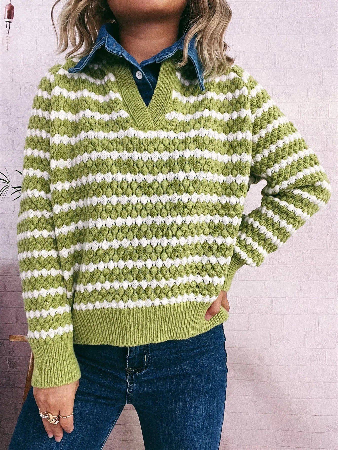 Contrast Striped Sweater with Denim Collar OutfitFlow