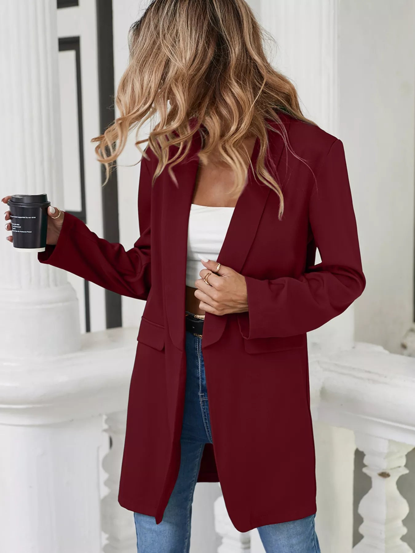 Lapel Collar Long Sleeve Blazer OutfitFlow