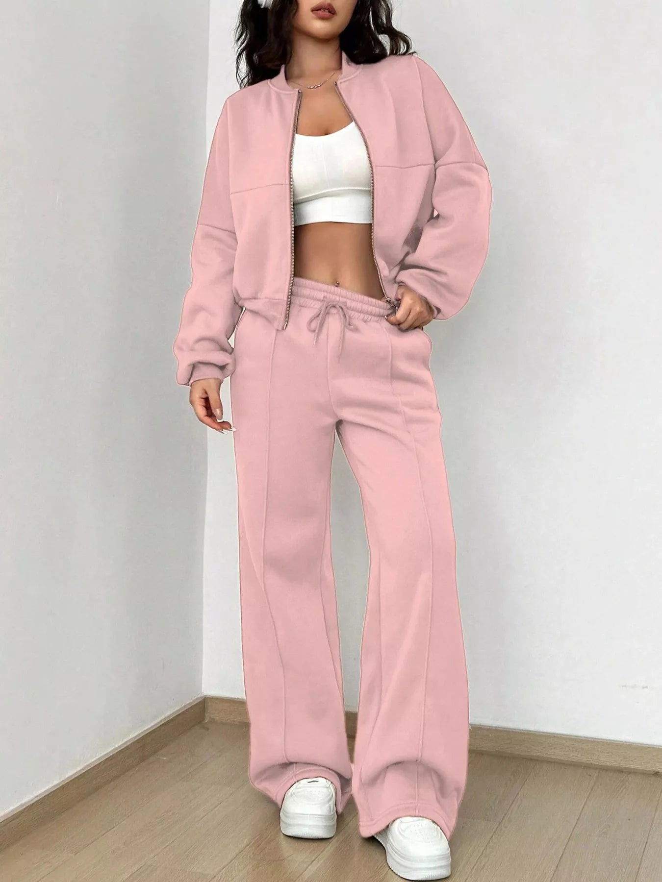 Casual Solid Color Zipper Jacket and Wide Leg Pants Set OutfitFlow