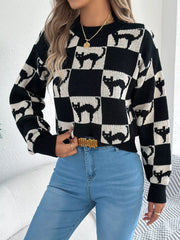 Cozy Cat Checkerboard Pattern Sweater OutfitFlow