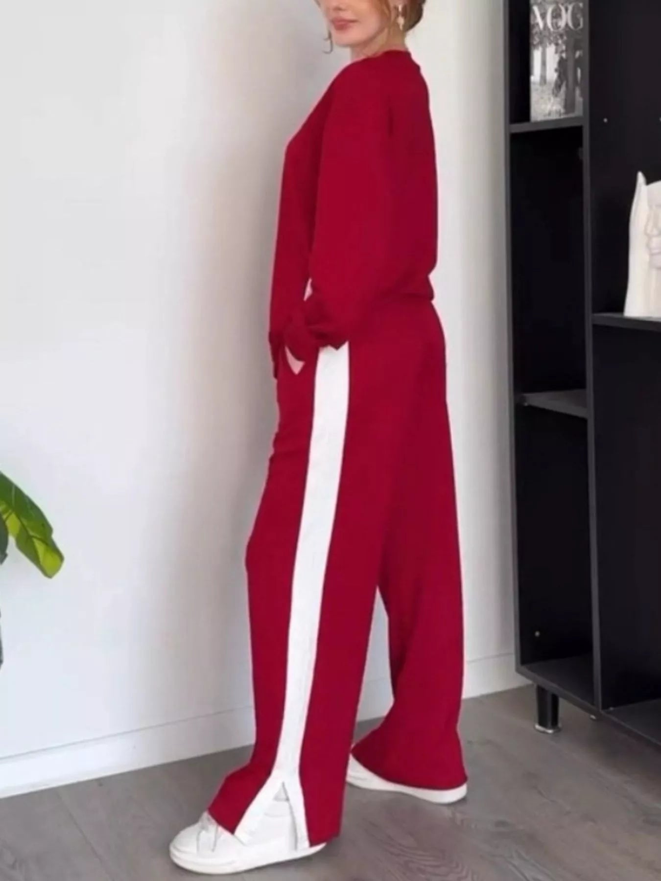 Full Size Contrast Round Neck Top and Pants Set Plus Size OutfitFlow