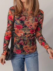 Multicolour Floral Print Lettuce Trim Long Sleeve Mesh Top Multicolour OutfitFlow