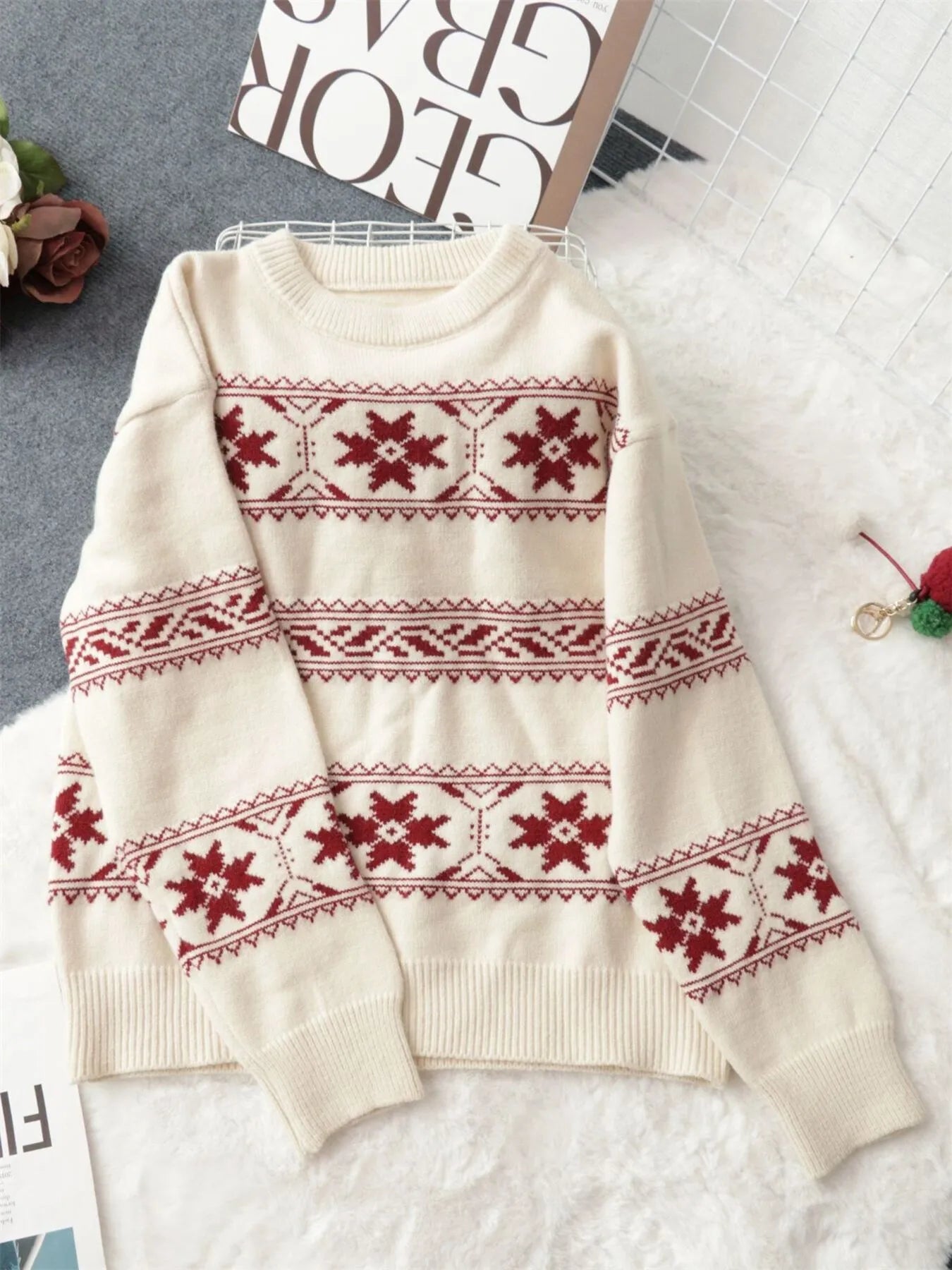 Christmas Snowflake Round Neck Sweater OutfitFlow