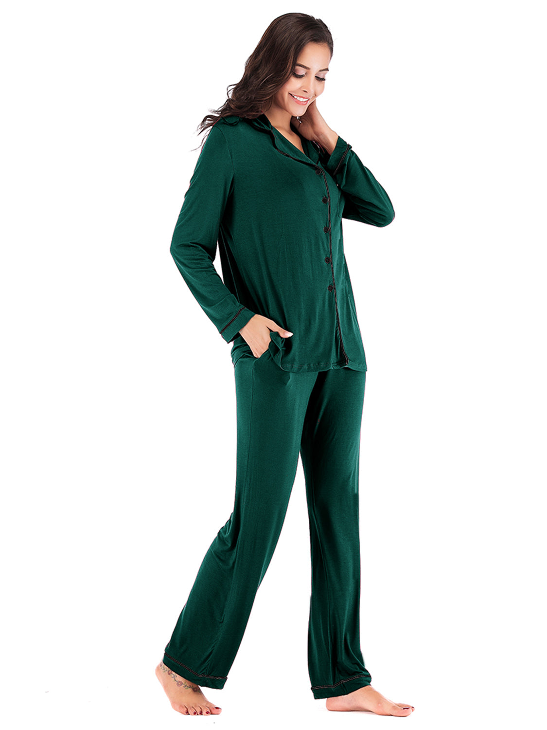 Outfit Flow - Collared Neck Long Sleeve Loungewear Set with Pockets