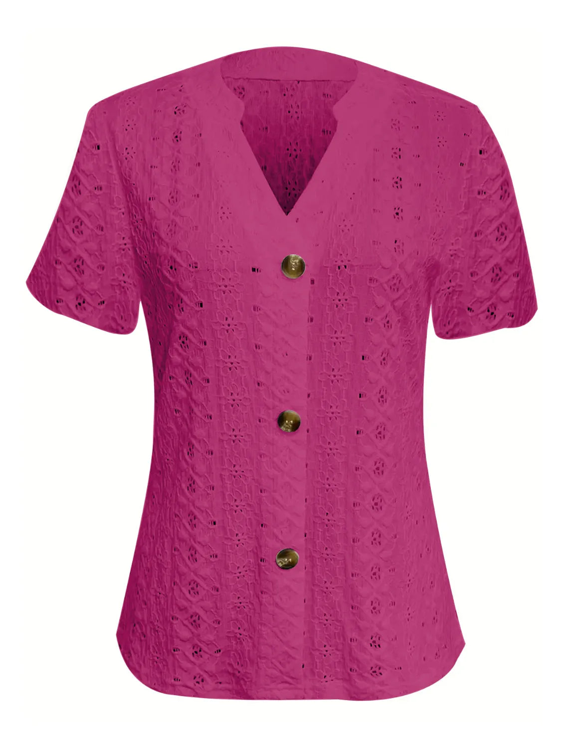 Openwork Notched Short Sleeve Top OutfitFlow