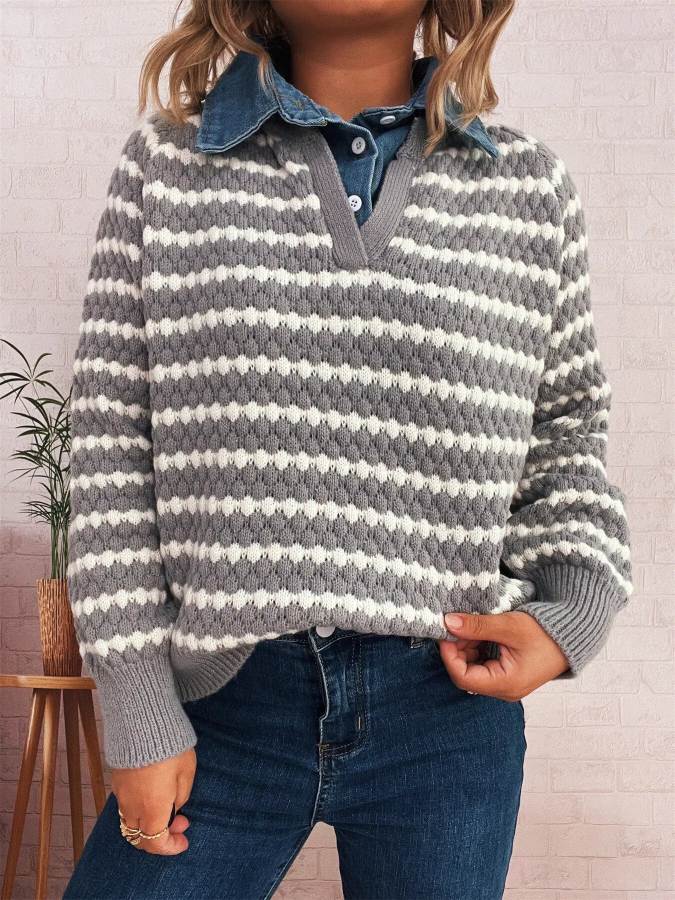 Contrast Striped Sweater with Denim Collar Gray One Size OutfitFlow