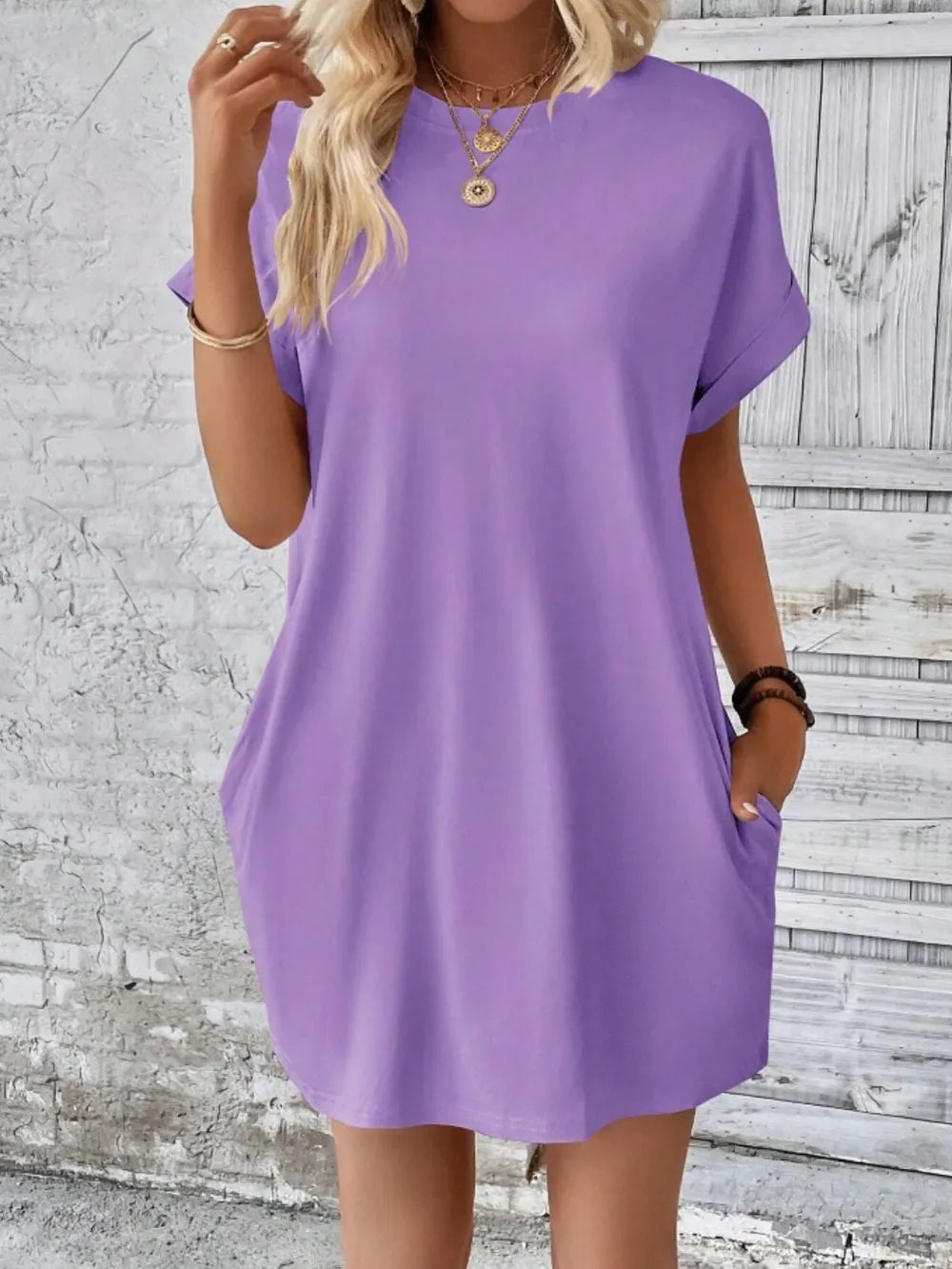 Pocketed Round Neck Short Sleeve Dress Lavender OutfitFlow