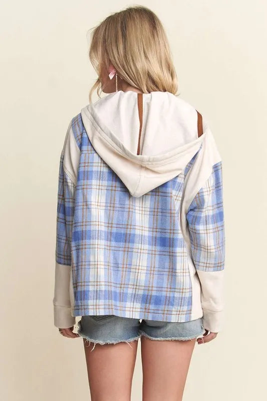 ADORA Button Down Plaid Hoodie Shacket OutfitFlow