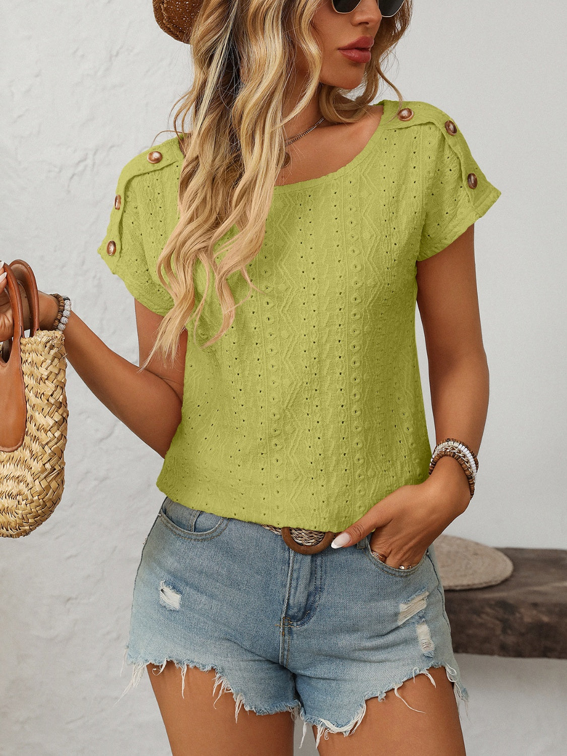 Outfit Flow - Mandy Eyelet Round Neck Short Sleeve Top