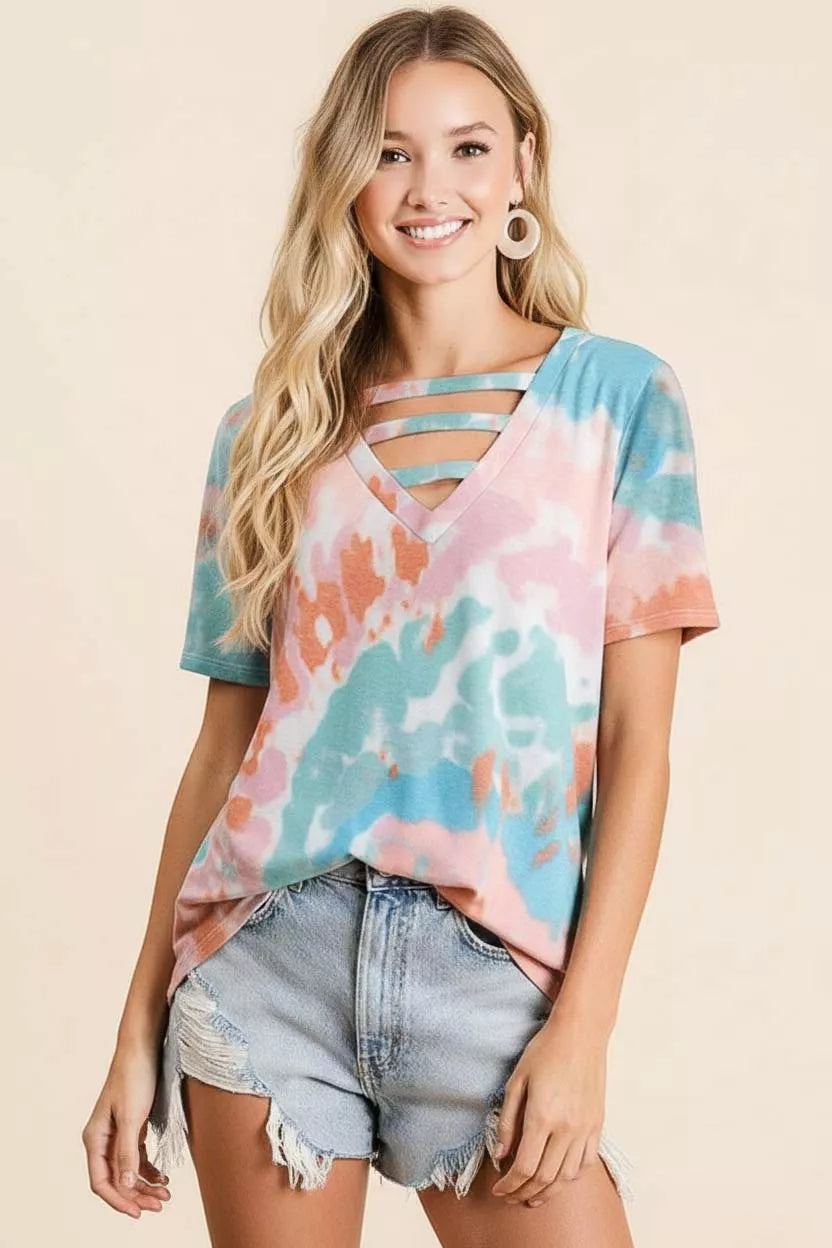 BiBi Tie-Dye V-Neck Cutout Short Sleeve T-Shirt OutfitFlow
