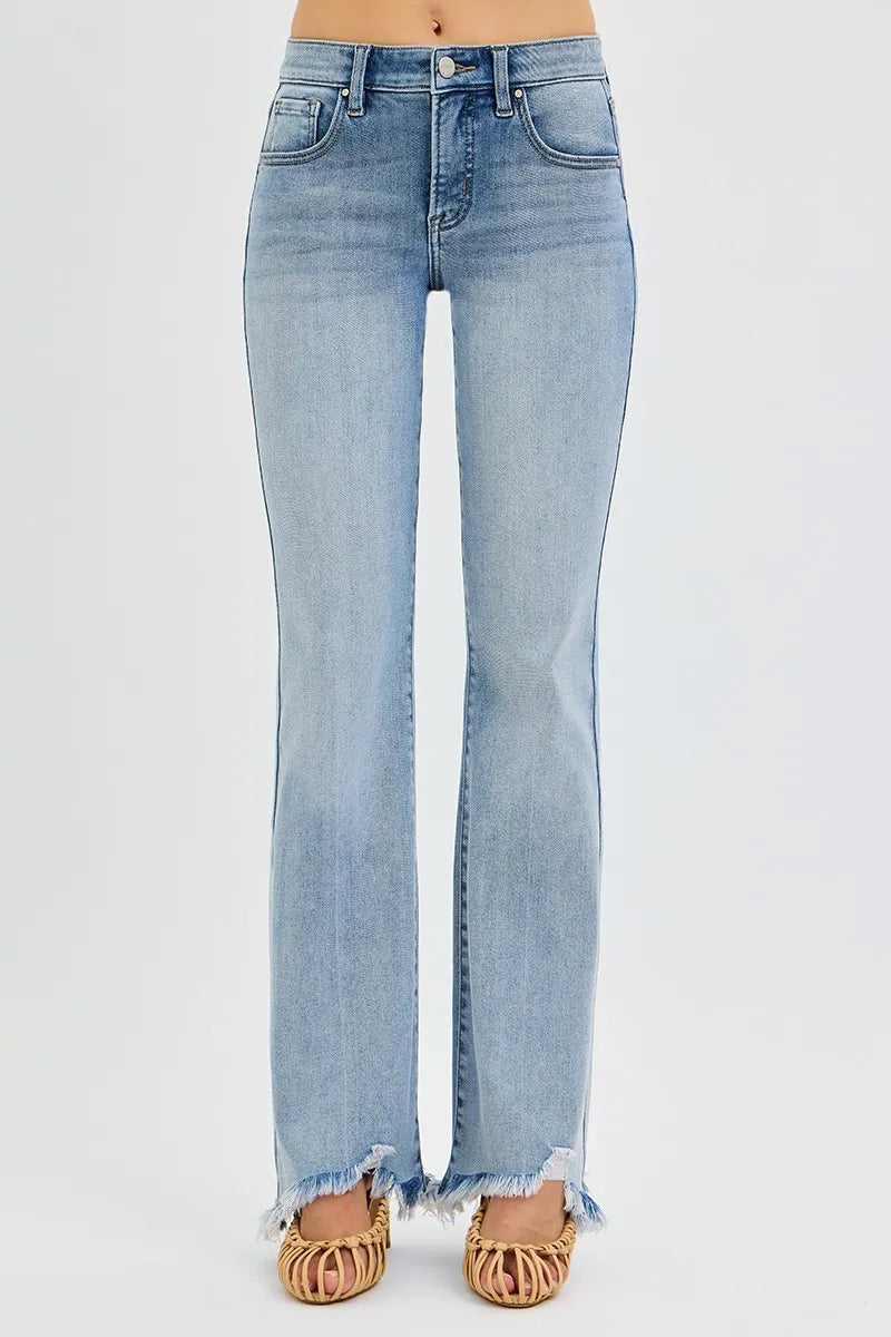 RISEN Full Size Tummy Control Mid Rise Flare Jeans with Fray Hem Detailed Plus Size Trendsi