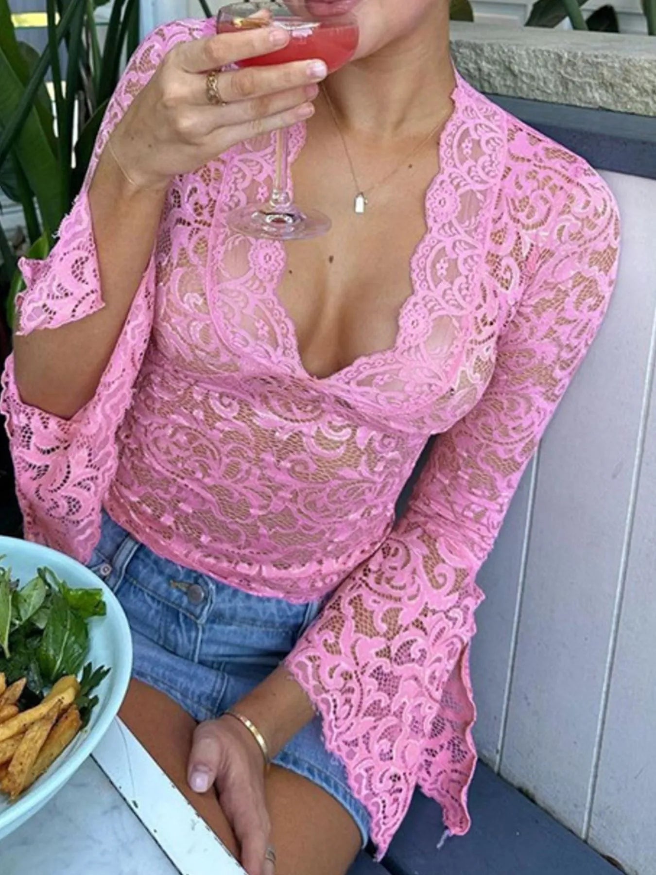 Lace Long Sleeve Deep V-Neck Blouse OutfitFlow