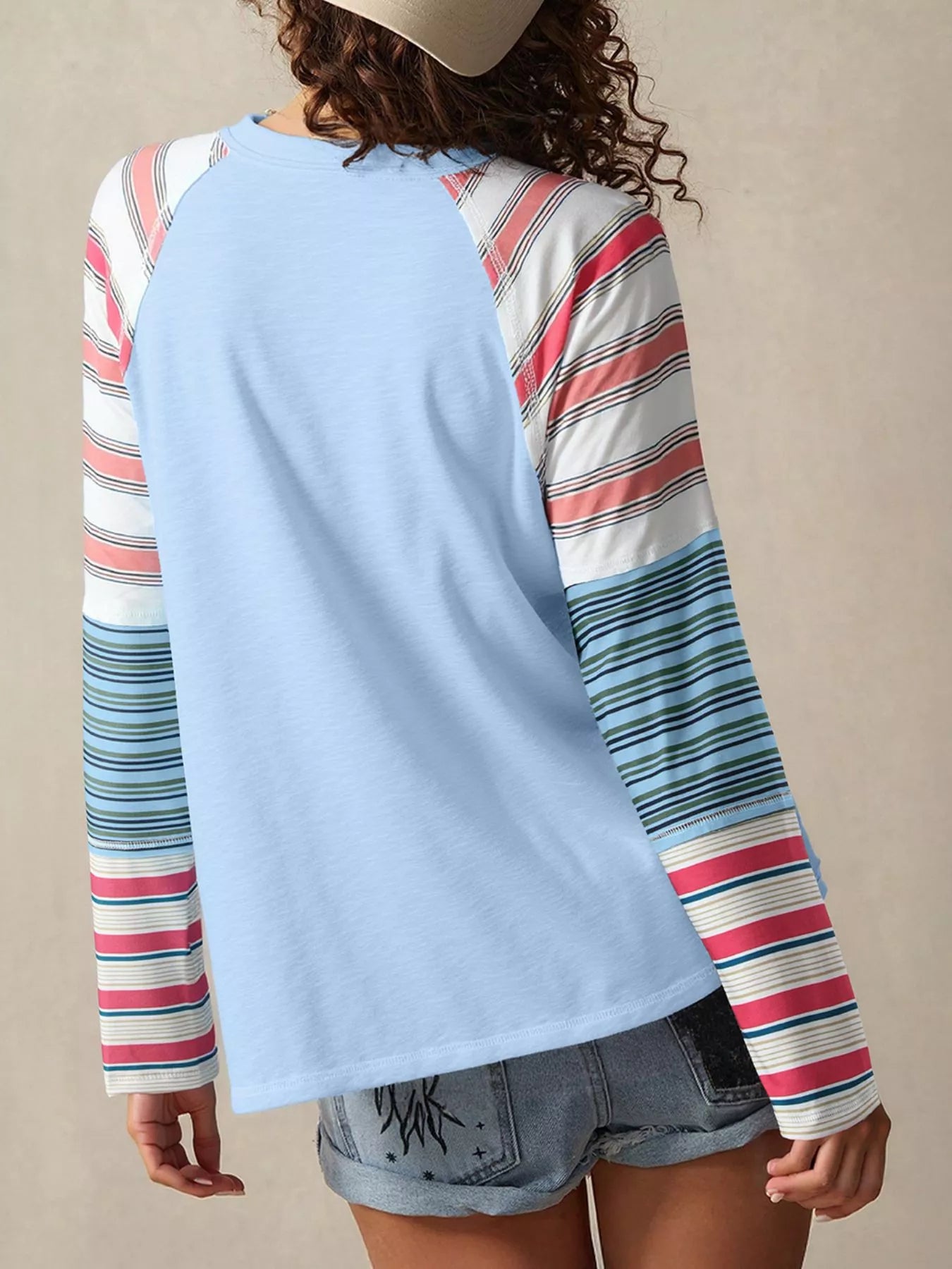 Color Block Round Neck Exposed Seam Patchwork Striped Long Sleeve Top OutfitFlow