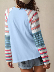 Color Block Round Neck Exposed Seam Patchwork Striped Long Sleeve Top OutfitFlow