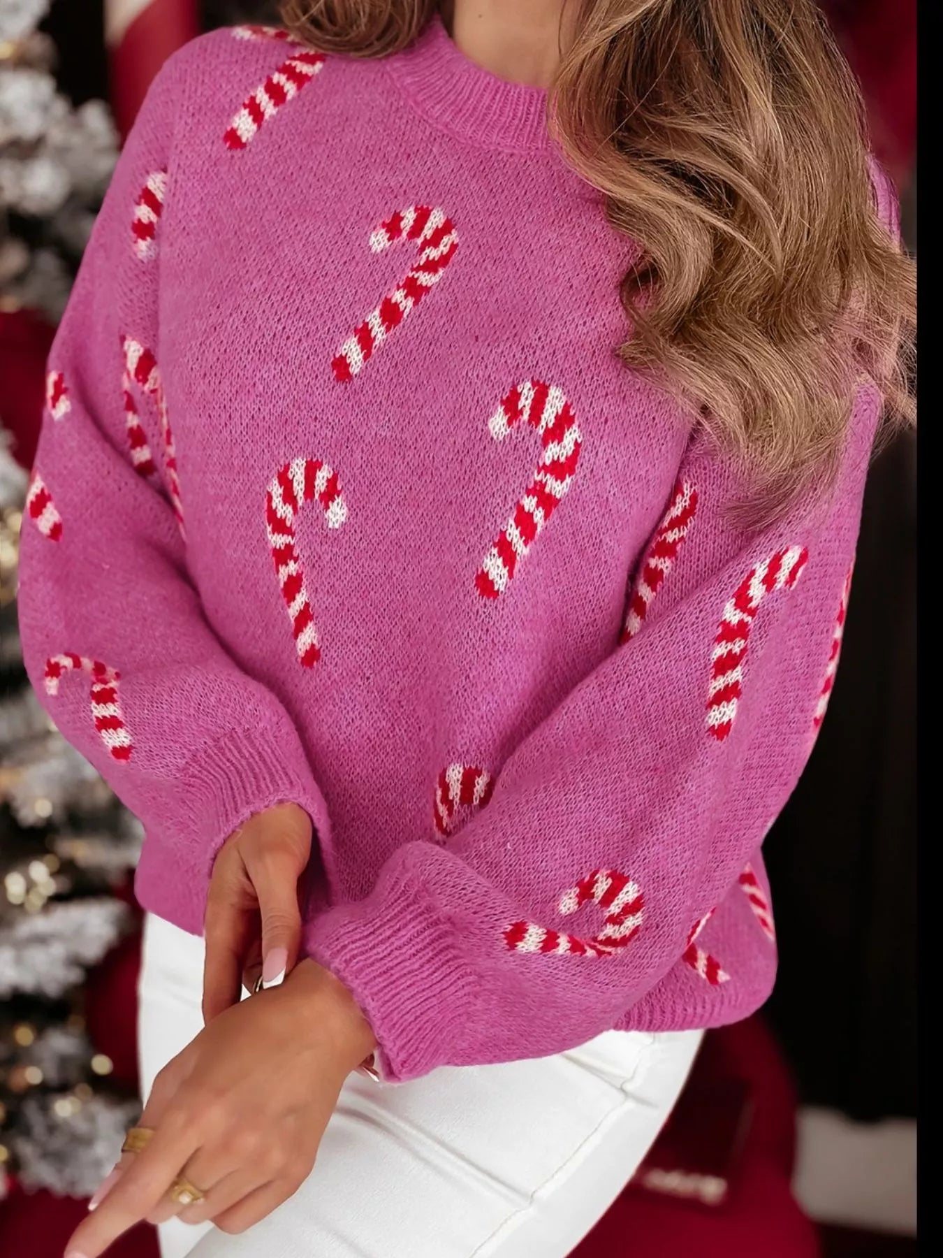 Christmas Candy Cane Holiday Drop Shoulder Sweater Hot Pink OutfitFlow