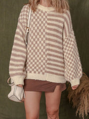 Checkerboard & Striped Pattern Knit Sweater OutfitFlow