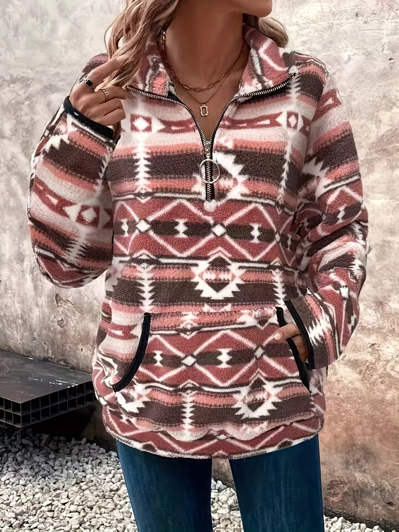 Geometric Half Zip Long Sleeve Sweatshirt OutfitFlow