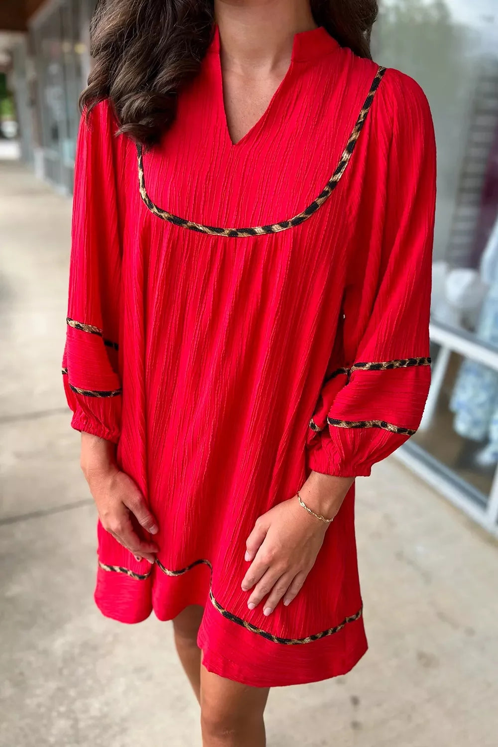 Notched Balloon Sleeve Dress Deep Red OutfitFlow