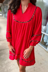 Notched Balloon Sleeve Dress Deep Red OutfitFlow