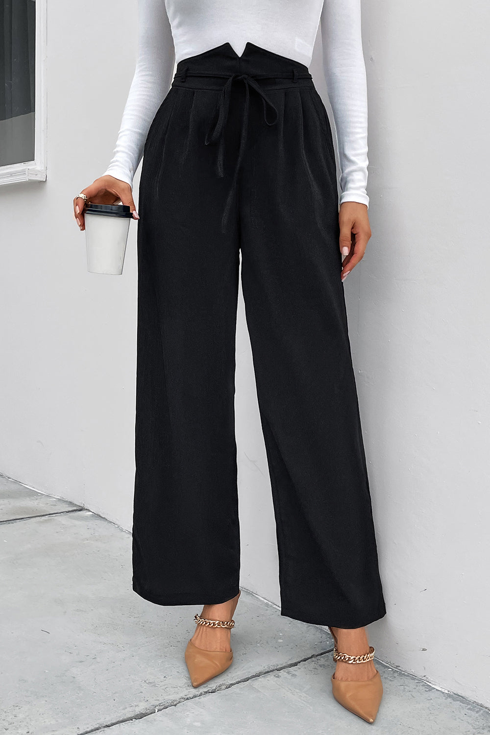 Outfit Flow - Perfee High Waist Ruched Tie Front Wide Leg Pants