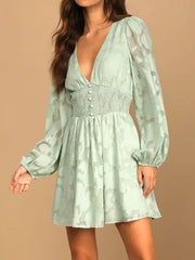 Smocked V-Neck Balloon Sleeve Dress OutfitFlow