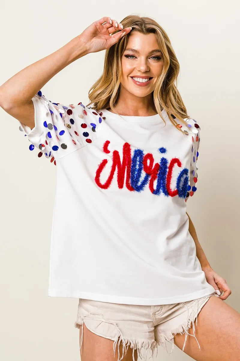 BiBi Metallic Letter Spangle Raglan Puff Sleeve Top OutfitFlow