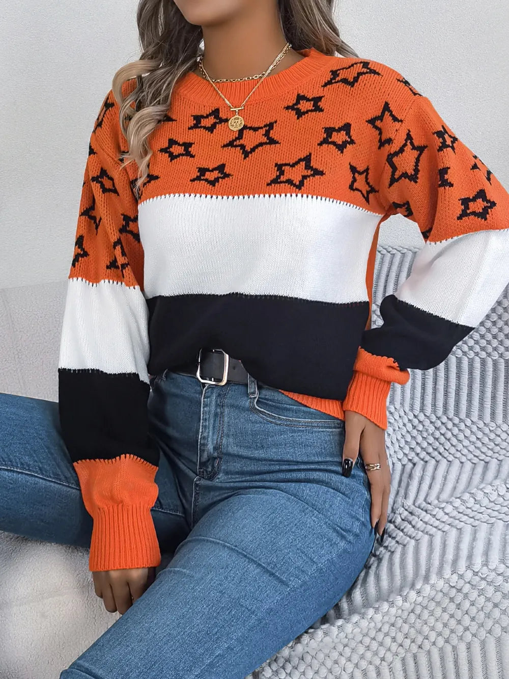 Star Contrast Round Neck Sweater OutfitFlow