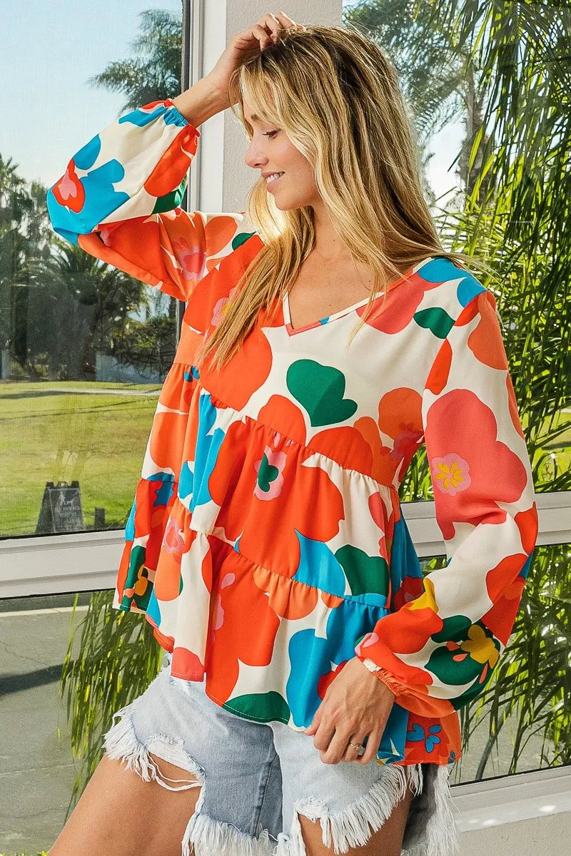 BiBi Floral Woven Tiered V Neck Top FLORAL Trendsi