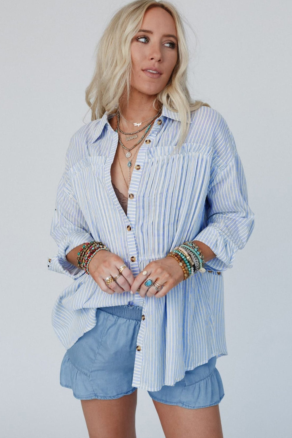 Outfit Flow - High-Low Striped Collared Neck Long Sleeve Shirt