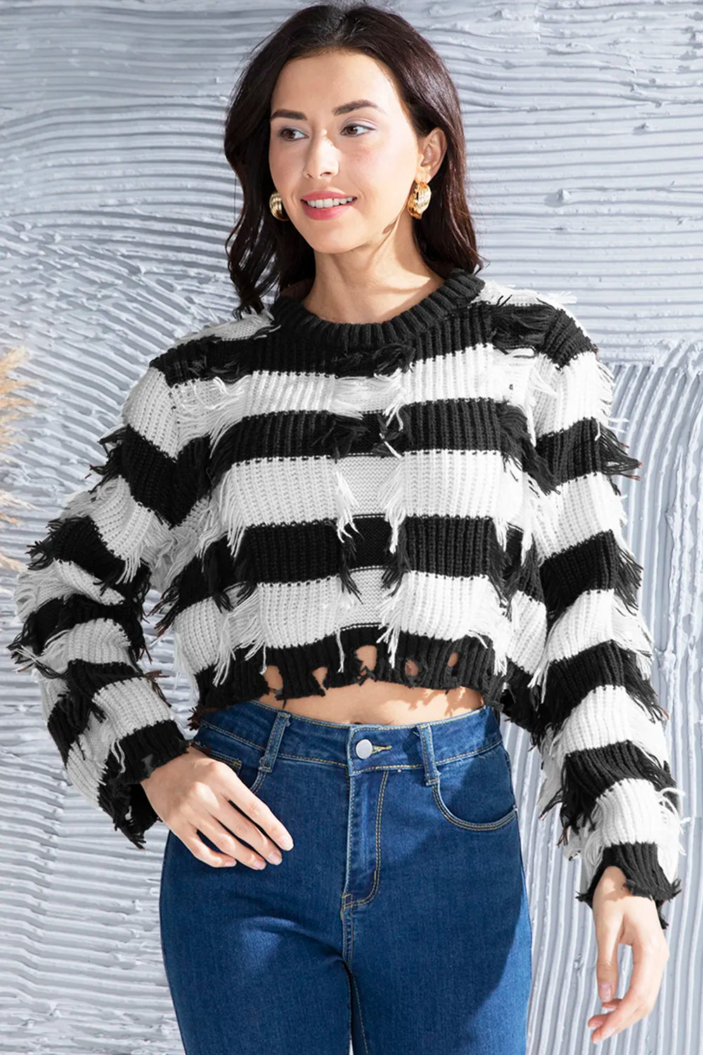 Striped Fringe Round Neck Sweater Black OutfitFlow