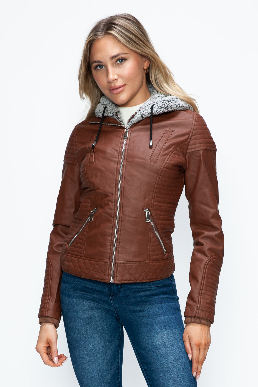 Outfit Flow - YMI Faux Layered Double-Zipper Jacket with Fuzzy Hood