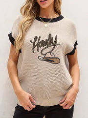 Howdy Cowboy Hat Embroidered Short Sleeve Sweater OutfitFlow