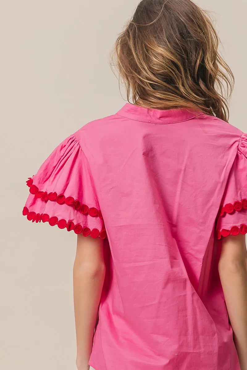 BiBi Dot Trim Flutter Sleeve Notched Top OutfitFlow