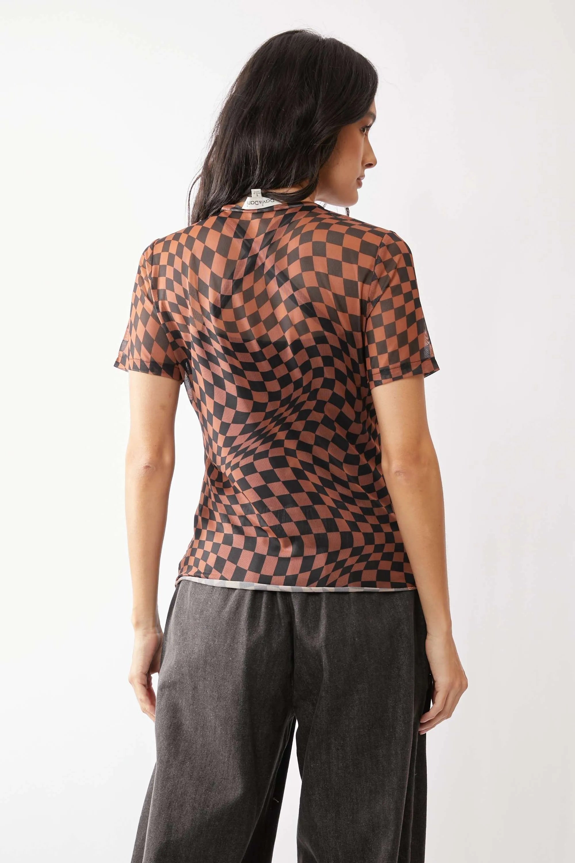 Davi & Dani Checker Board Printed Mesh Short Sleeve Top OutfitFlow