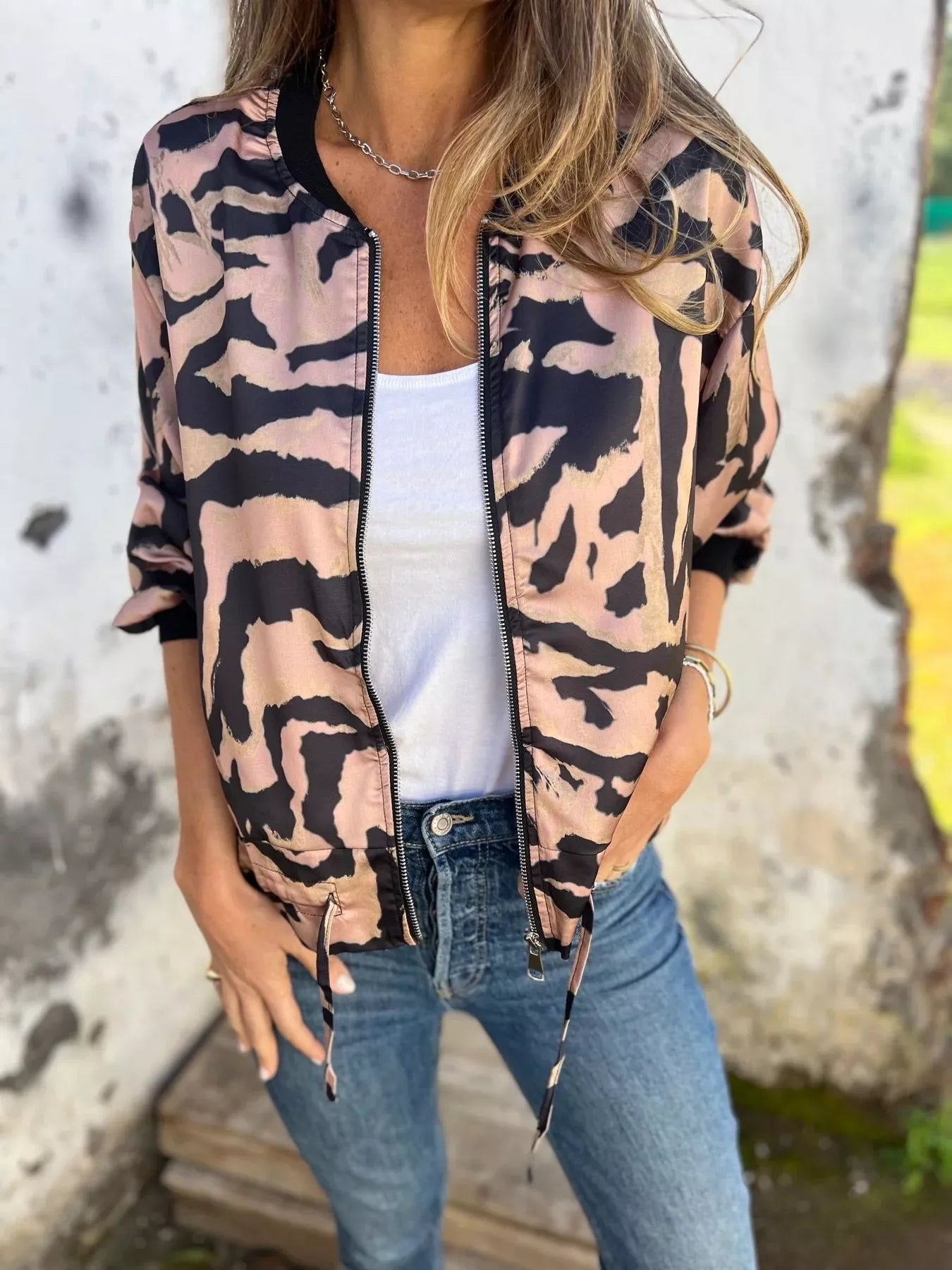 Full Size Zip Up Zebra Print Bomber Jacket Plus Size OutfitFlow