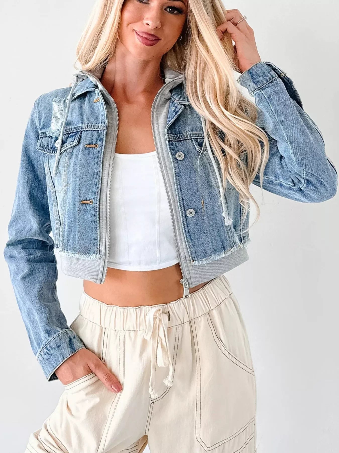 Distressed Zip Up Cropped Hooded Denim Jacket Dark Blue Gray OutfitFlow
