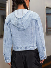 Hooded Drawstring Cropped Denim Jacket Trendsi