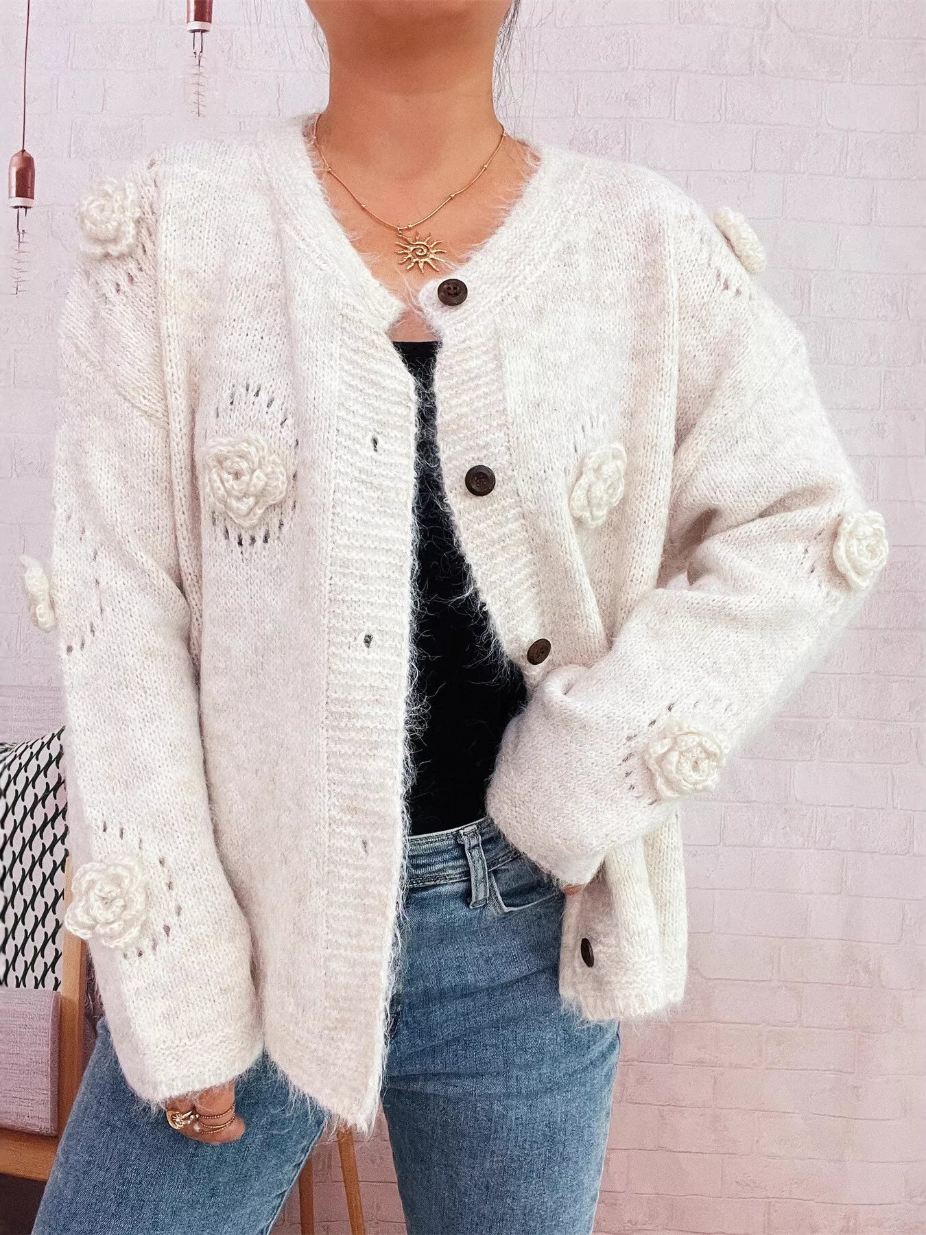 Flower Button-Up Cardigan Beige One Size OutfitFlow