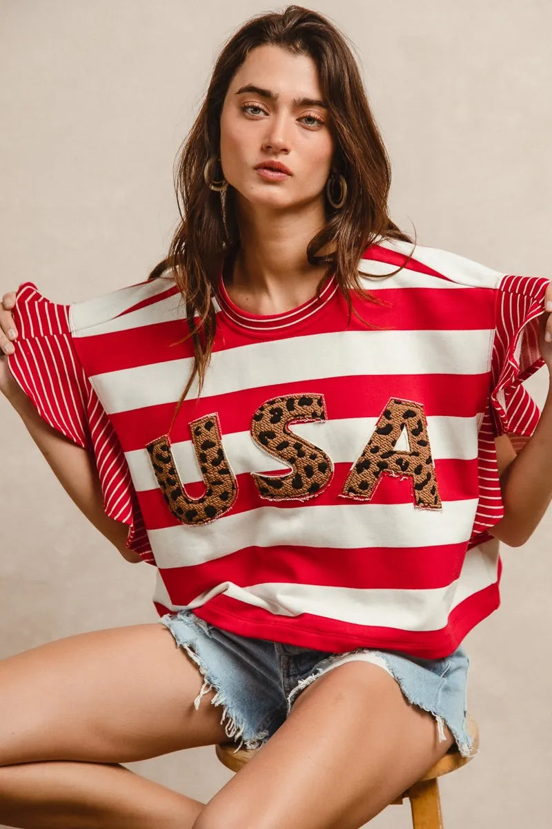 BiBi Stripe Mixed Ruffle Sleeve Top With Leopard Letter OutfitFlow