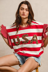 BiBi Stripe Mixed Ruffle Sleeve Top With Leopard Letter OutfitFlow