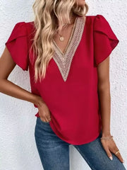 V-Neck Petal Sleeve Blouse Scarlet OutfitFlow