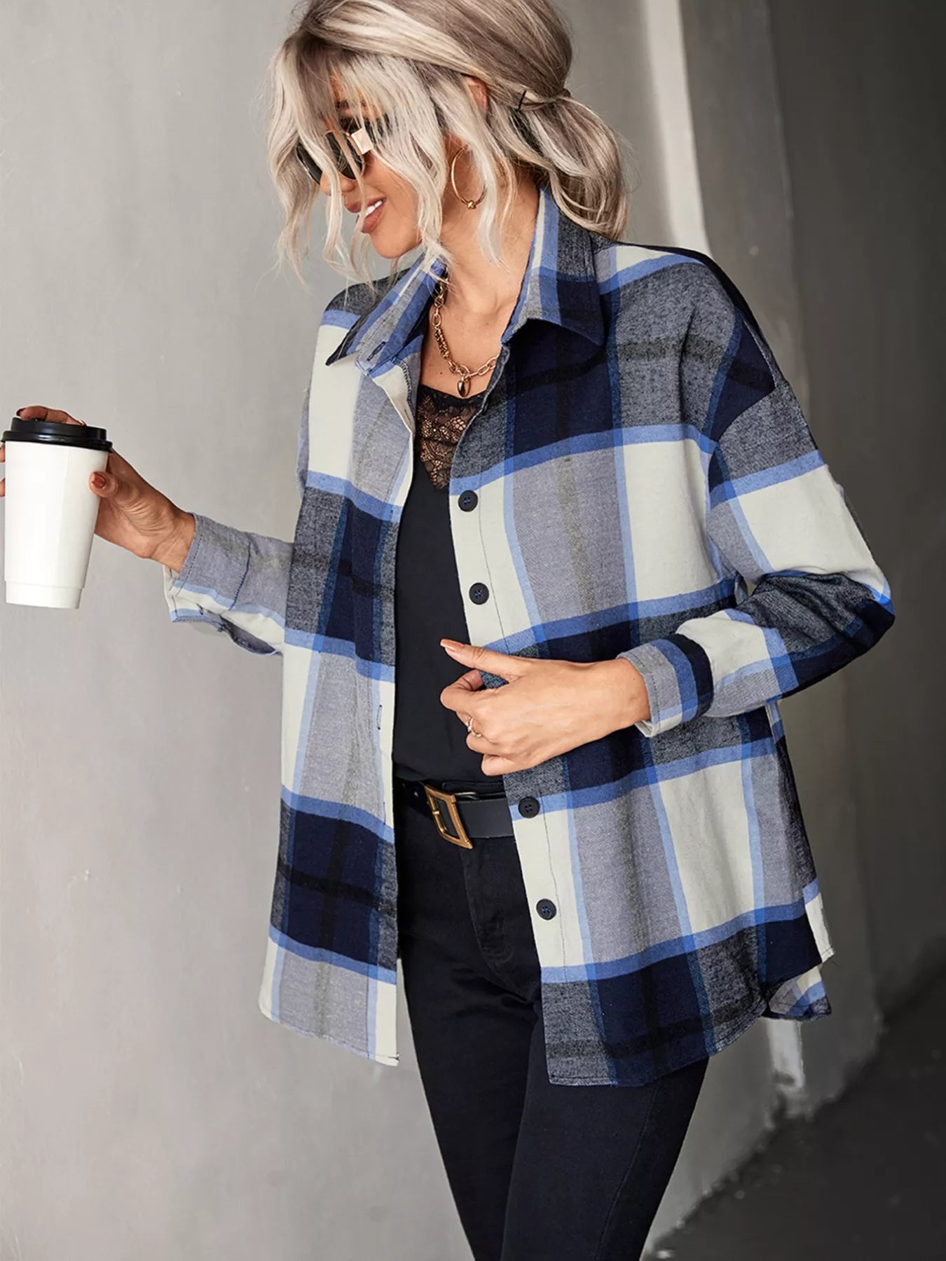 Plaid Button-Down Long Sleeve Shirt OutfitFlow