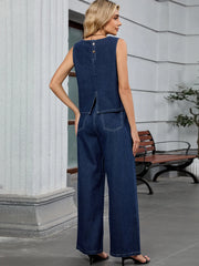 Round Neck Tank and Pants Denim Set OutfitFlow