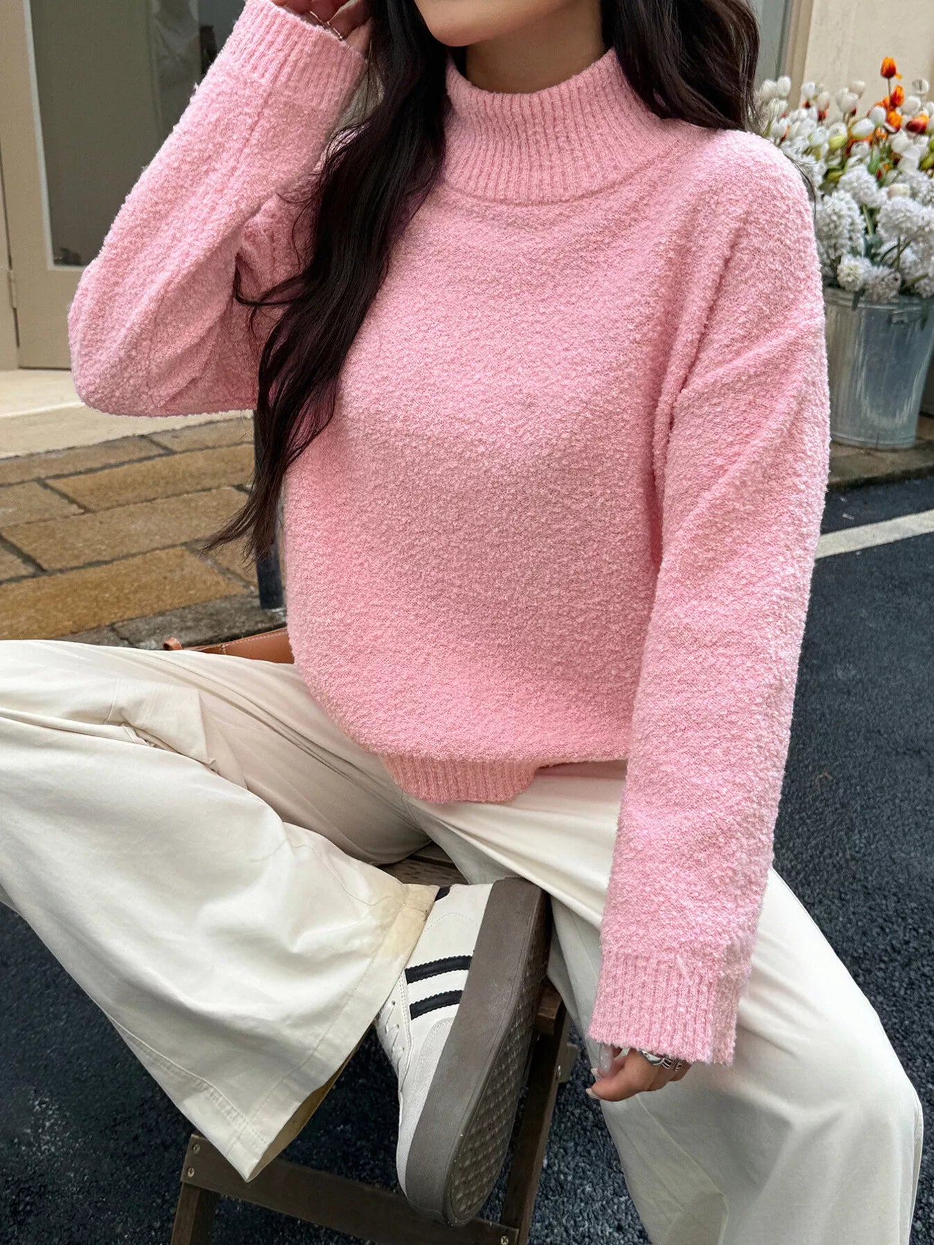 Turtleneck Long Sleeve Sweater Pink OutfitFlow