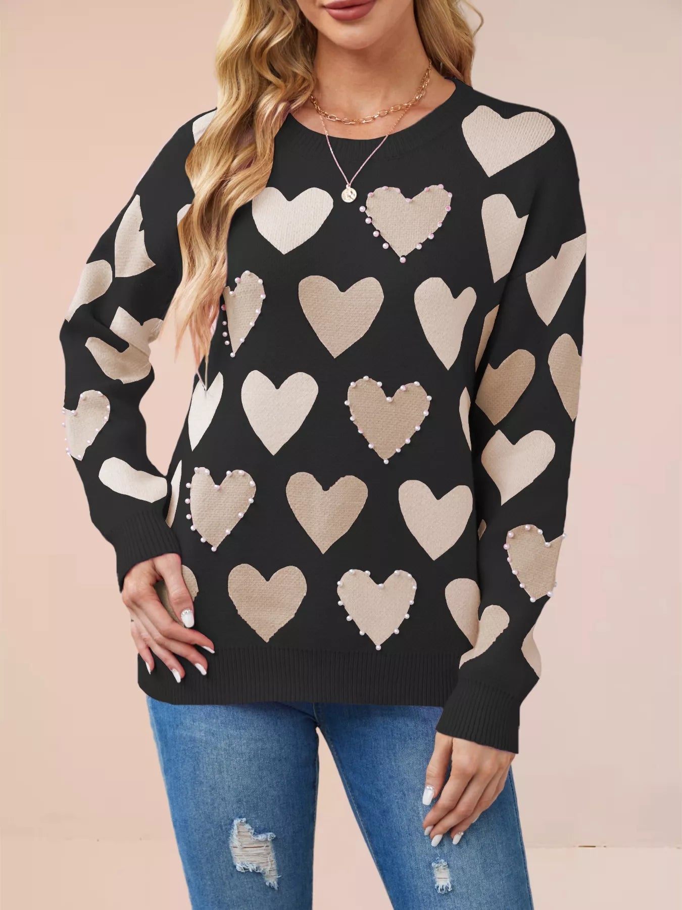 Heart Pattern Beaded Round Neck Sweater Black OutfitFlow