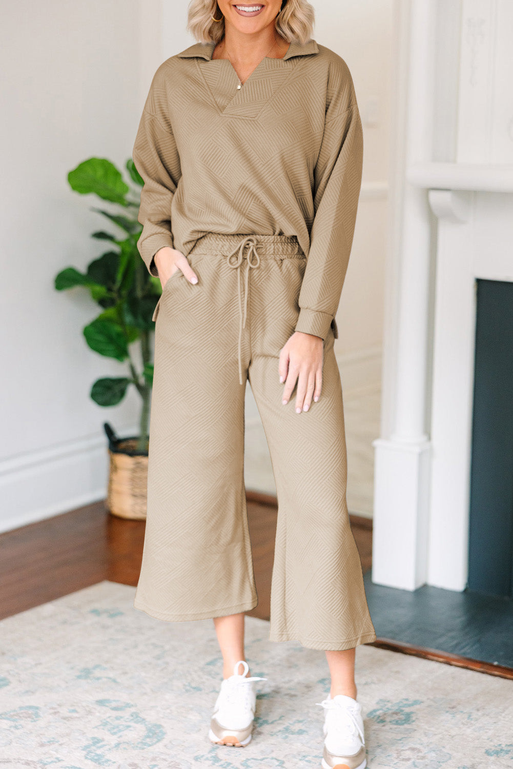 Outfit Flow - Textured Collared Neck Top and Wide Leg Pants Set